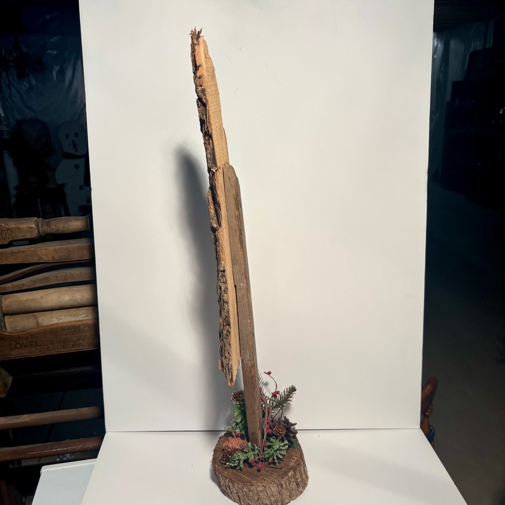 Hand Crafted Rustic Bark Tree Decor with Festive Greenery 23 inches - Picture 3 of 4